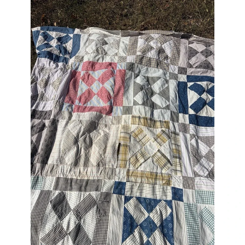 Early 1900’s Hand Stitched Quilt Top Only Shirt Fabric Feed Sack Cotton 74x 61